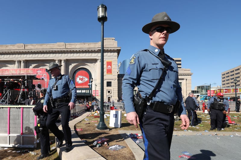 KANSAS CITY, MISSOURI - FEBRUARY 14: Law enforcement respond to a shooting at Union Station during the Kansas City Chiefs Super Bowl LVIII victory parade on February 14, 2024 in Kansas City, Missouri. Several people were shot and two people were detained after a rally celebrating the Chiefs Super Bowl victory. (Photo by Jamie Squire/Getty Images)