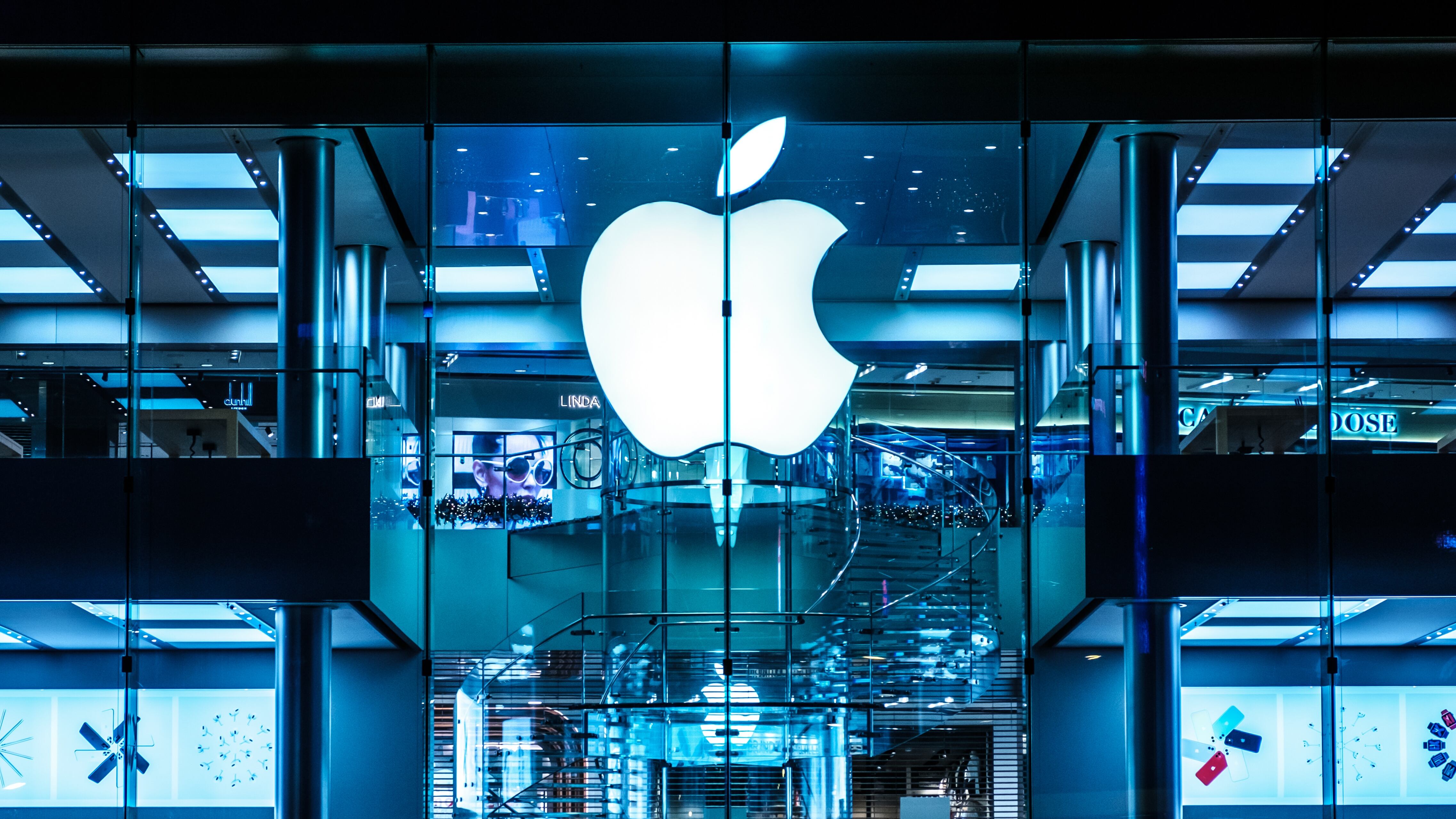 The Apple Logo on Apple Store facade in Hongkong at night