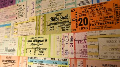 Ticket stubs from more than 40 years of shows at the Fox Theatre in Atlanta adorn a wall of a dressing room in the theater. HYOSUB SHIN / HSHIN@AJC.COM