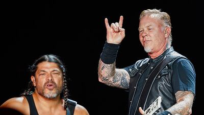 VANCOUVER, BC - AUGUST 14: (L-R) Musicians Robert Trujillo and James Hetfield of Metallica perform on stage at BC Place on August 14, 2017 in Vancouver, Canada. (Photo by Andrew Chin/Getty Images)